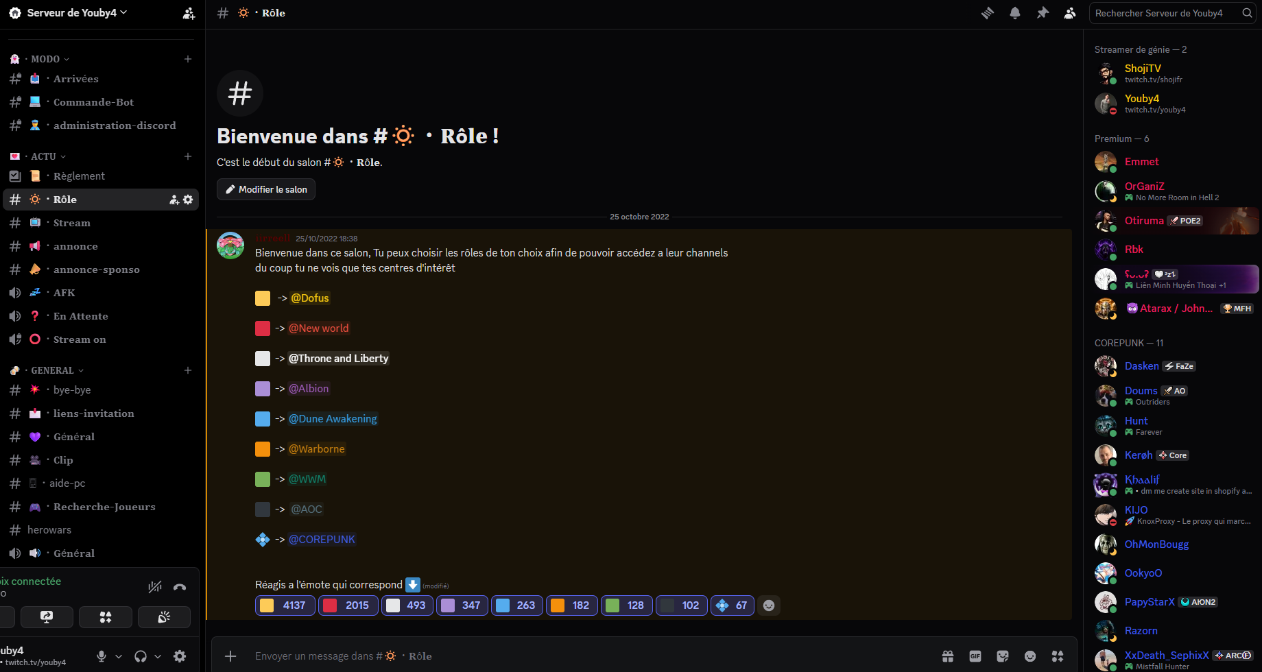 Aperçu des salons du serveur Discord Youby4